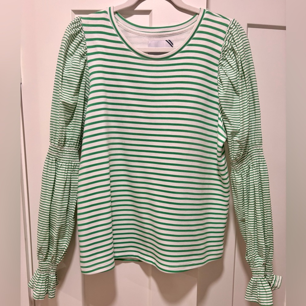 Addison Bay- Green and White Striped Puff-Sleeve Top- Medium!